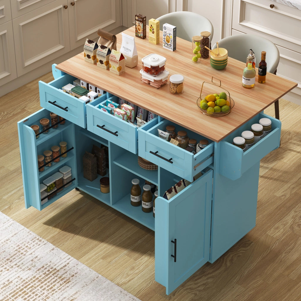 Isola da Cucina Mobile 139x46/71x91;5 cm Blu con Piano Ribaltabile; 3 Cassetti; Ruote e Gambe in Legno