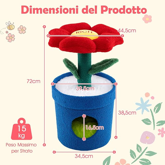 Albero per Gatti con Posatoio a Forma di Fiore, Condominio a Forma di Vaso, Tiragraffi a Forma di Stelo, Foglie Flessibili, Centro di Attività Versatile per Animali Domestici (Rosso)