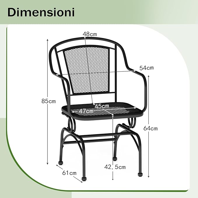 Set di 2 Sedie a Dondolo con Schienale e Seduta in Rete, Poltrona da Pranzo Giardino con Piedini Regolabili, Telaio in Metallo, Sedia da Bistro per Giardino Balcone, Portata 102 kg