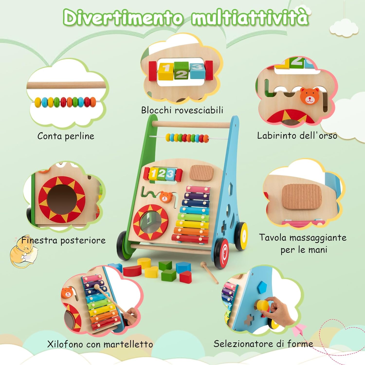 Girello in Legno per Bambini con Maniglie, Camminatore Multifunzionale per Neonati, Girello Primi Passi con Centro Attività, Giocattolo Montessori con Ruote, per Bambini 1+Anni (Colorato)