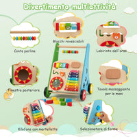 Girello in Legno per Bambini con Maniglie, Camminatore Multifunzionale per Neonati, Girello Primi Passi con Centro Attività, Giocattolo Montessori con Ruote, per Bambini 1+Anni (Colorato)