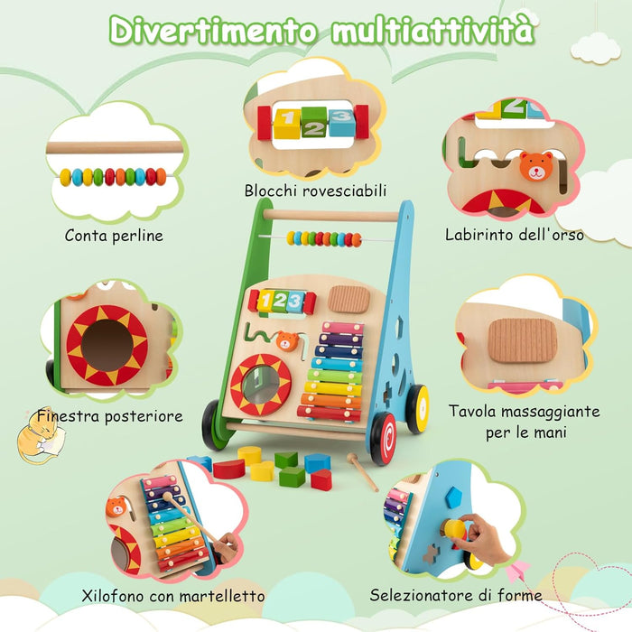 Girello in Legno per Bambini con Maniglie, Camminatore Multifunzionale per Neonati, Girello Primi Passi con Centro Attività, Giocattolo Montessori con Ruote, per Bambini 1+Anni (Colorato)
