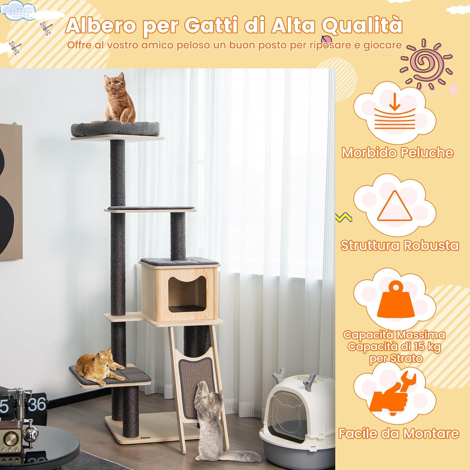 Albero Tiragraffi per Gatti Alto 175CM con Pali Sisal e Rampa Tiragraffi, Tiragraffi per Gatti Moderna a 6 Livelli con Cuscinetti Nicchia Trespolo, per Gatti Adulti e Gattini