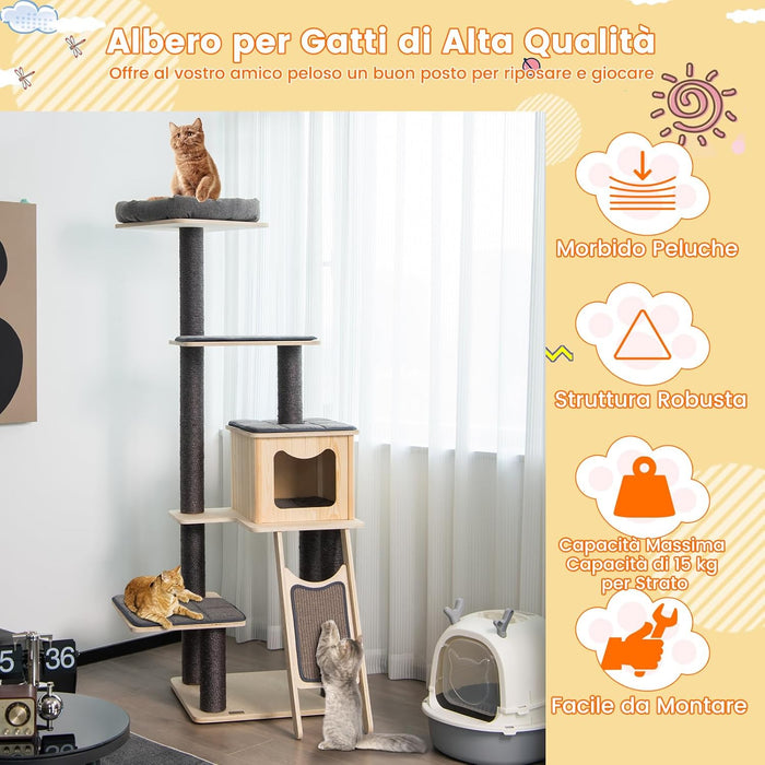 Albero Tiragraffi per Gatti Alto 175CM con Pali Sisal e Rampa Tiragraffi, Tiragraffi per Gatti Moderna a 6 Livelli con Cuscinetti Nicchia Trespolo, per Gatti Adulti e Gattini