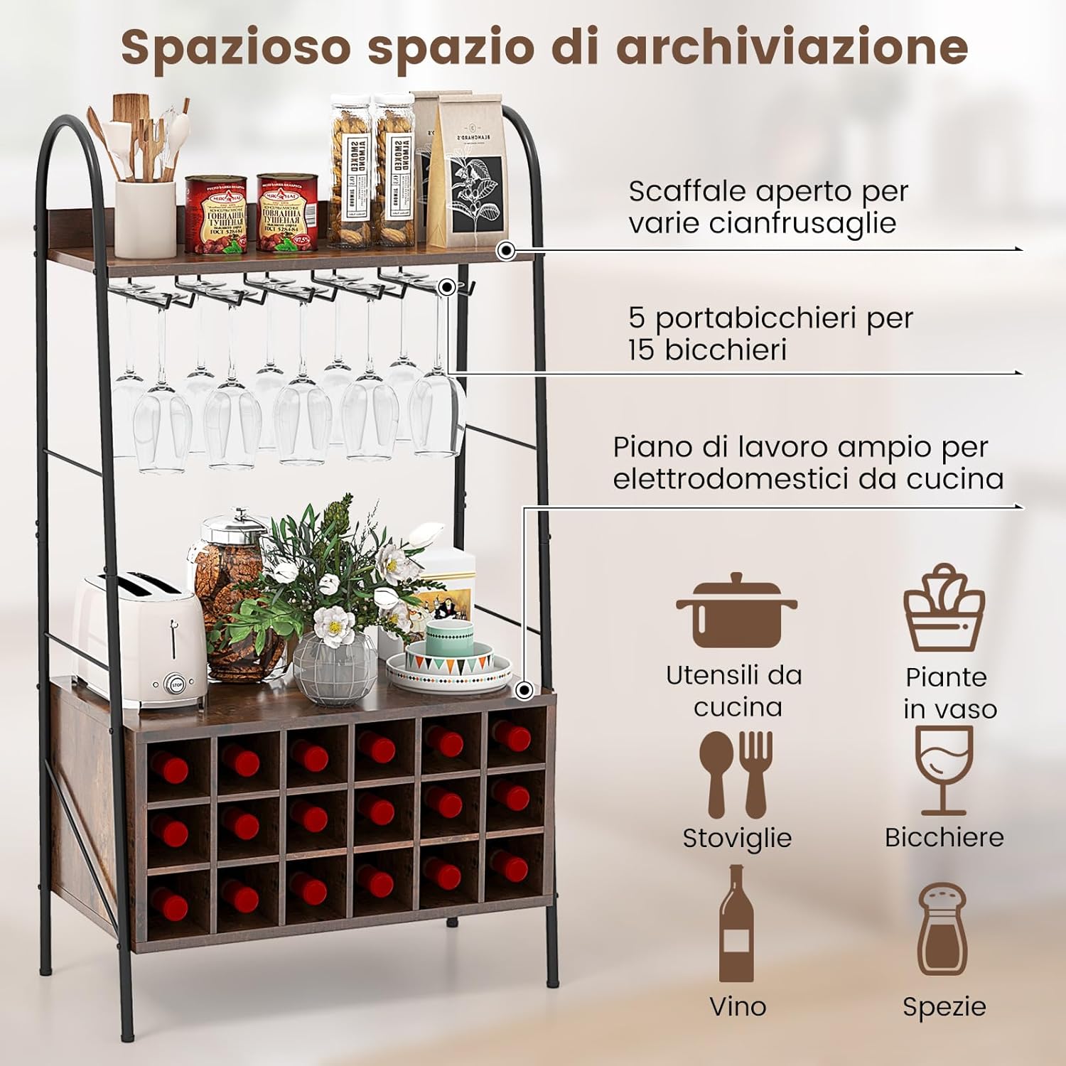 Scaffale da Cucina con Portabottiglie Staccabile e 5 Supporti per Calici, 2 Ripiani, Sistema Antiribaltamento, Mobile da Bar per Cucina, Sala da Pranzo, Bar, Marrone