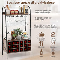 Scaffale da Cucina con Portabottiglie Staccabile e 5 Supporti per Calici, 2 Ripiani, Sistema Antiribaltamento, Mobile da Bar per Cucina, Sala da Pranzo, Bar, Marrone