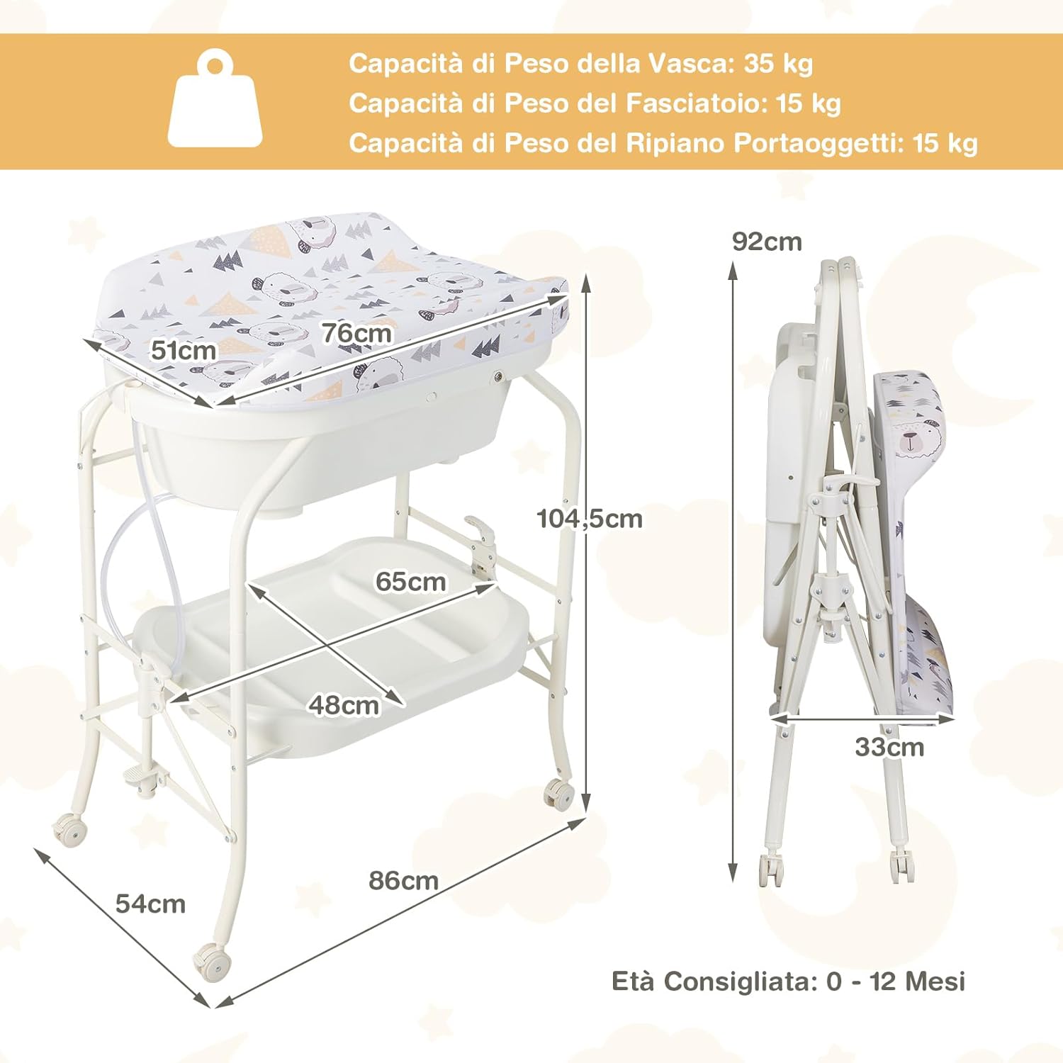 Fasciatoio con Vaschetta per Bambini, Vasca da Bagno per Neonati, Fasciatoio Pieghevole con Materassino, Cestino Portaoggetti, Ruote con Freno, Portata 35kg+15kg (Bianco)