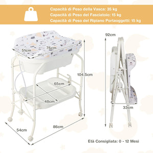 Fasciatoio con Vaschetta per Bambini, Vasca da Bagno per Neonati, Fasciatoio Pieghevole con Materassino, Cestino Portaoggetti, Ruote con Freno, Portata 35kg+15kg (Bianco)