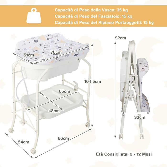 Fasciatoio con Vaschetta per Bambini, Vasca da Bagno per Neonati, Fasciatoio Pieghevole con Materassino, Cestino Portaoggetti, Ruote con Freno, Portata 35kg+15kg (Bianco)