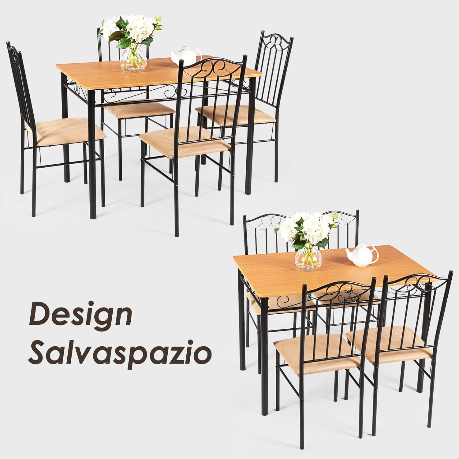 Set da Pranzo da 5 Pezzi con Struttura in Metallo, Set di Tavolo Cucina 107 cm con 4 Posti, Set Mobili Salvaspazio per Soggiorno Cucina Bar Ristorante, Originale e Nero