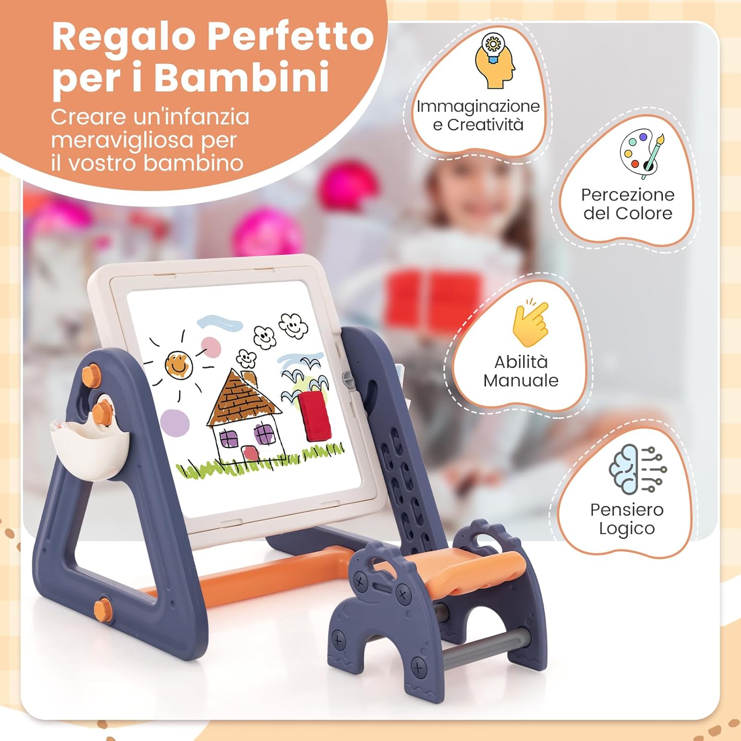 2 in 1 Set Tavolo e Cavalletto per Bambini, Tavolo Multiattività con Sedia e Piano Reversibile, Set Tavolo Attività con 160 Blocchi da Costruzione, 84x58x55 cm