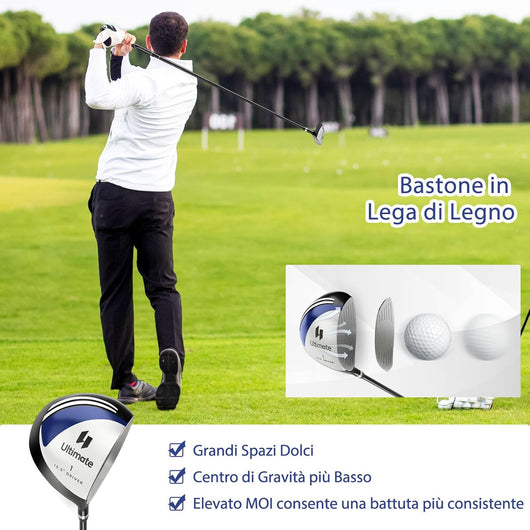 Set Completo di Mazze da Golf da Uomo, 9 Pezzi, Include Driver in Lega, Legno Fairway 3, Ibrido 4, Ferri 6, 7, 8, 9 e P, Putter e Copri Testa per Golfisti Destrimani