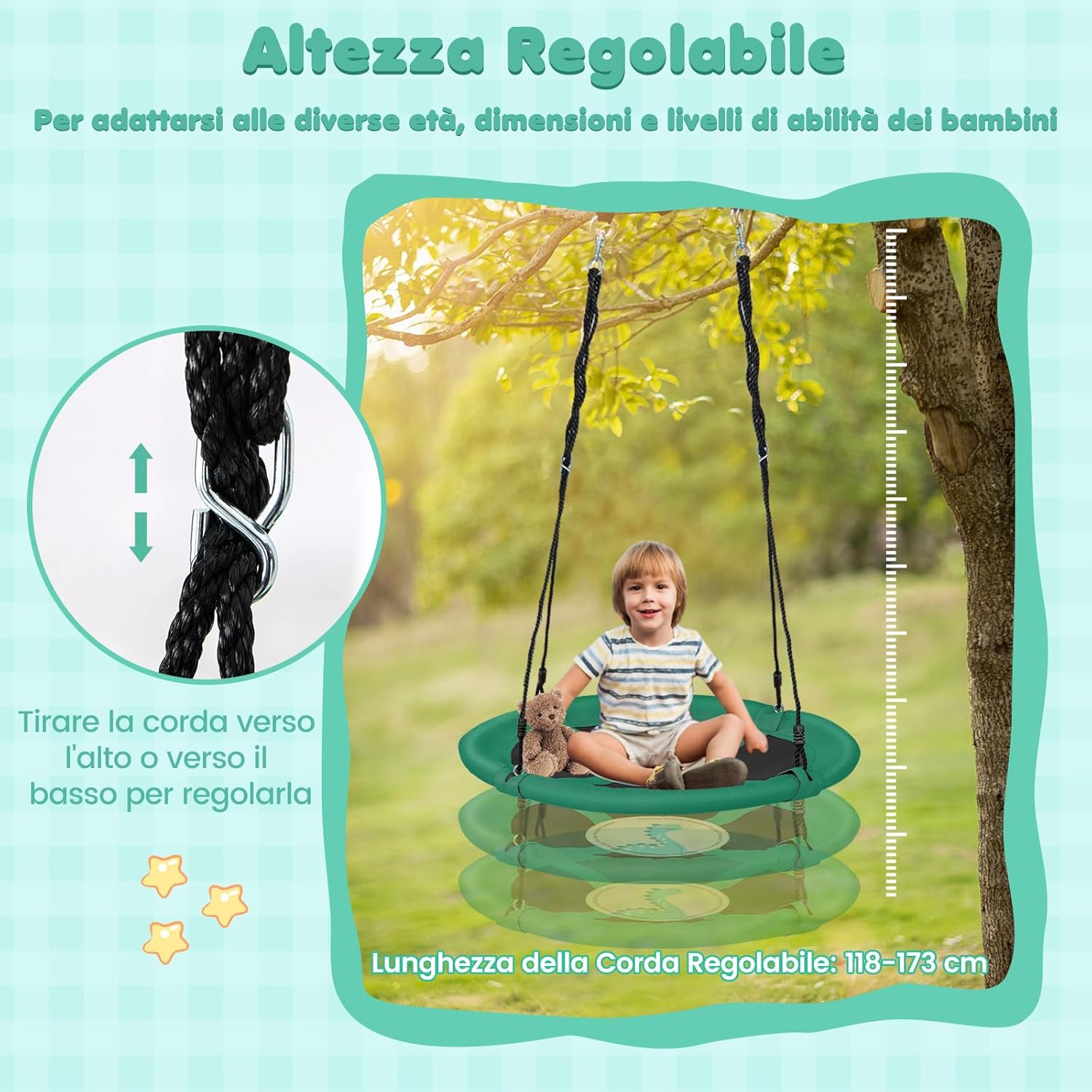 Altalena a Cerchio da 102 cm, Altalena a Nido con Corde Regolabili e Moschettoni, Tessuto Oxford Impermeabile, Altalena Rotonda da Esterno con Rotazione a 360Â° per Bambini(Verde)