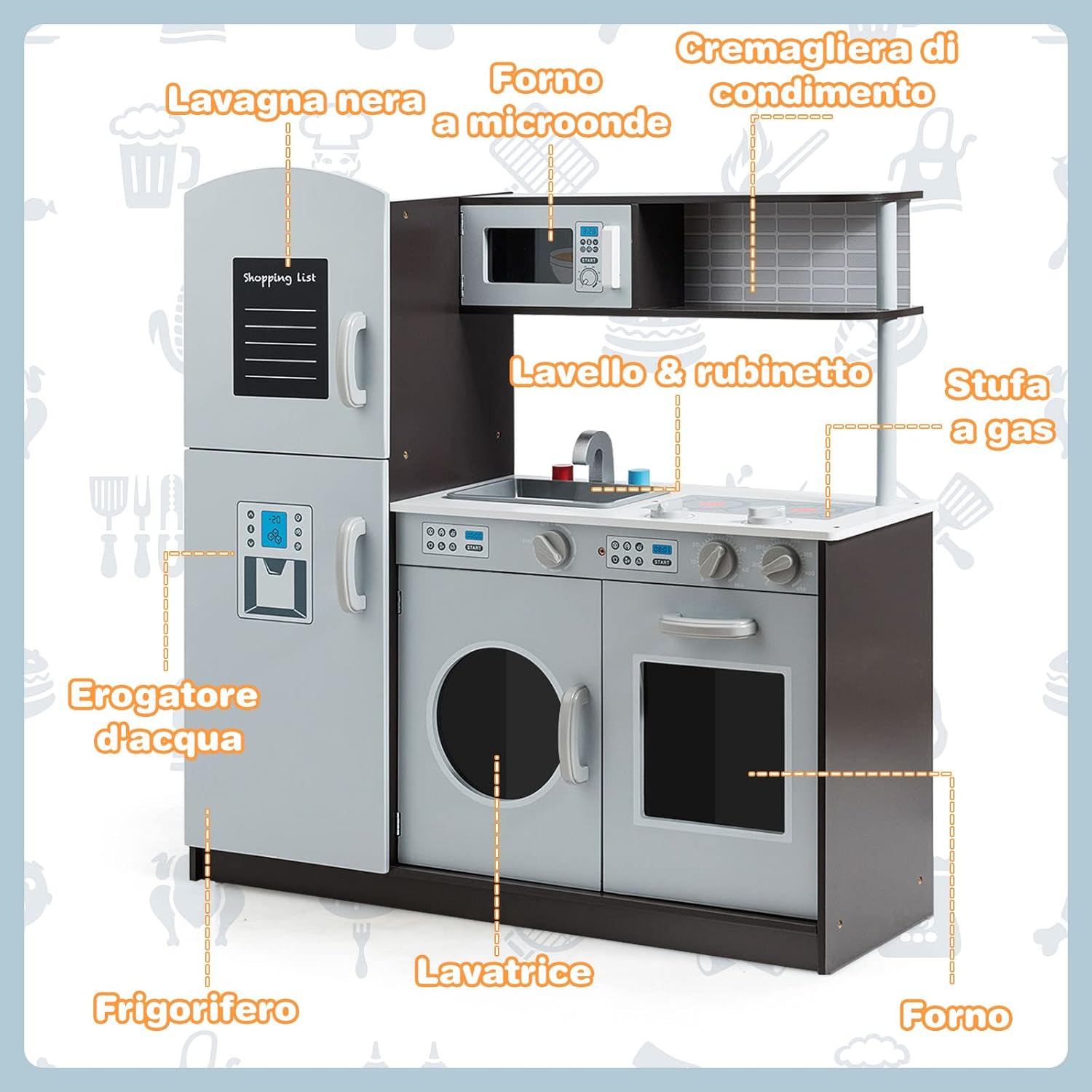 Cucina Giocattolo per Bambini, Cucina in Legno con Luci, Manopole e Accessori per Cucina, con Forno, Lavello, Armadietto e Pulsanti, Ideale per Bambini più di 3 Anni