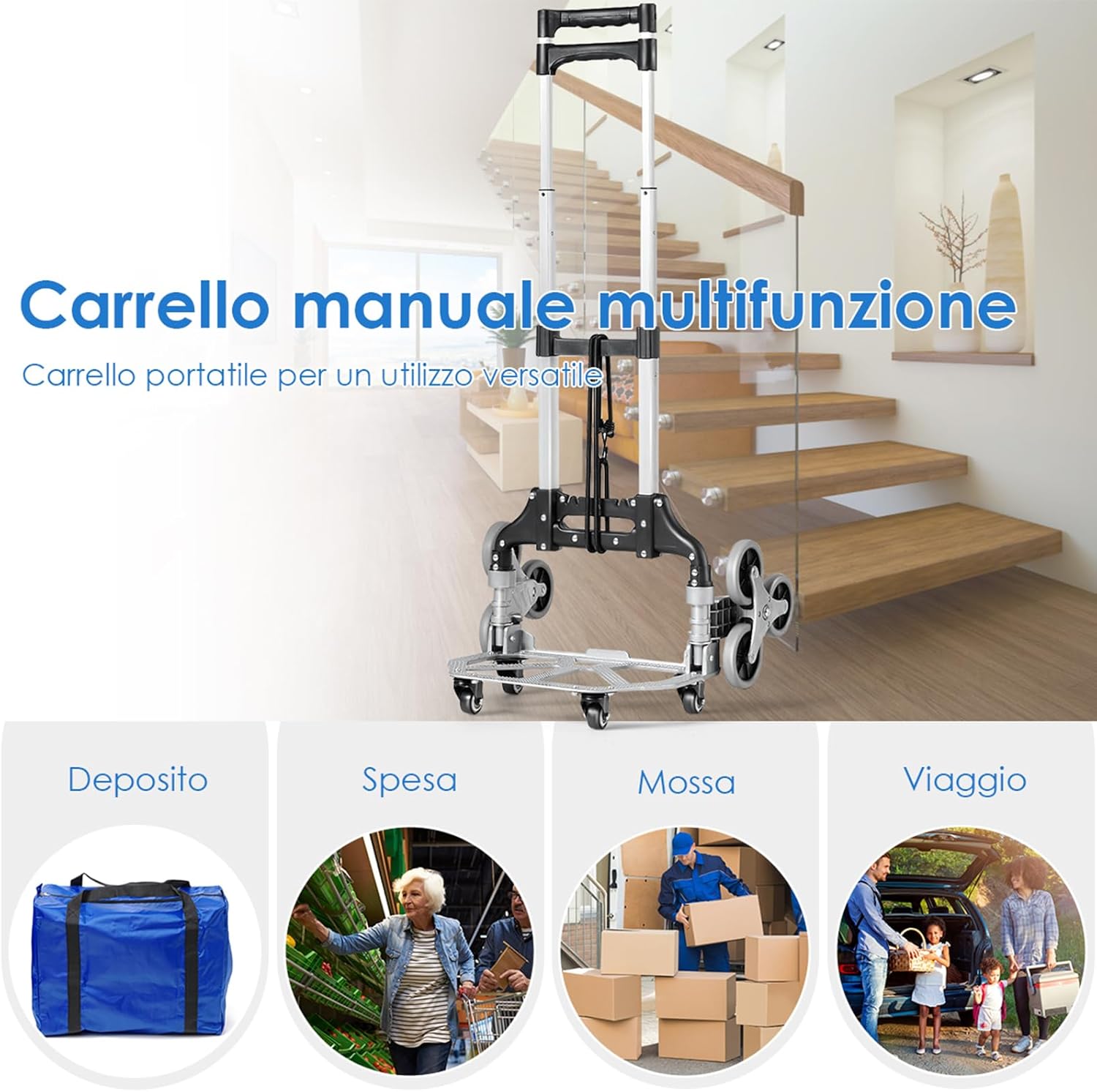 Carrello Pieghevole Per Scale Portapacchi Manuale per Gradini Carrello Per Scale 10 Ruote Montascale, in Lega di Alluminio