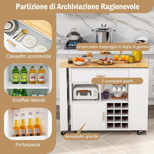 2 in 1 Carrello da Cucina, Carrello di Servizio Reversibile con Piano in Legno di Gomma, Ripiano Regolabile Porta Calici per 12 Bottiglie, 120x40x100 cm
