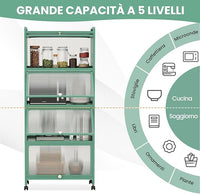 Armadio da Cucina a 5 Piani, Mobile per Microonde con Porte PC a Scomparsa, con 4 Ruote Girevoli, per Sala da Pranzo Soggiorno e Studio, 60x32x154 cm (Verde)