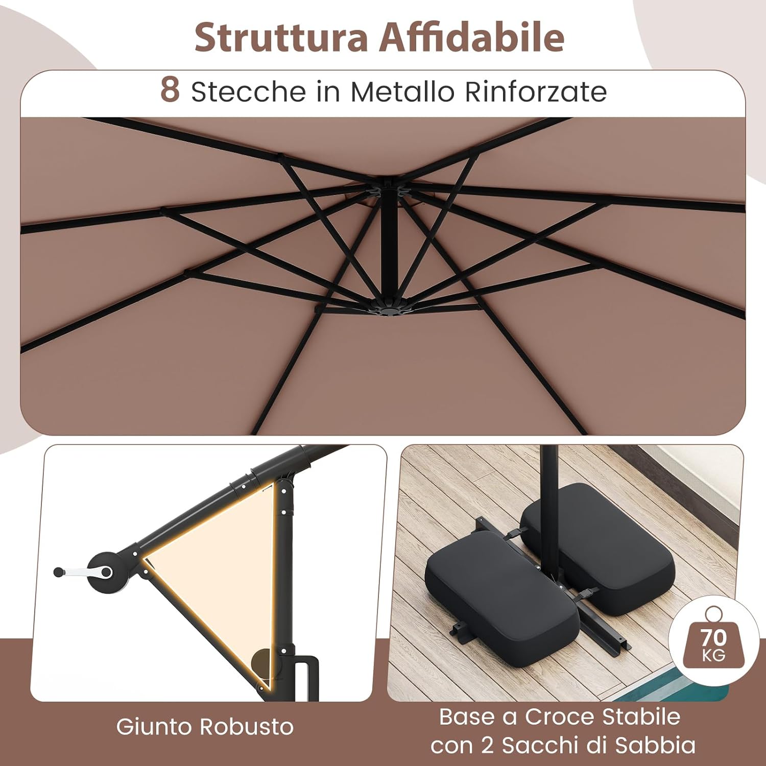 Ombrellone da Giardino 290 cm, con 96 Luci LED, Ombrellone Esterno con Base, Inclinazione Regolabile, Rotazione a 360°, Manovella, Parasole da Giardino (Marrone)