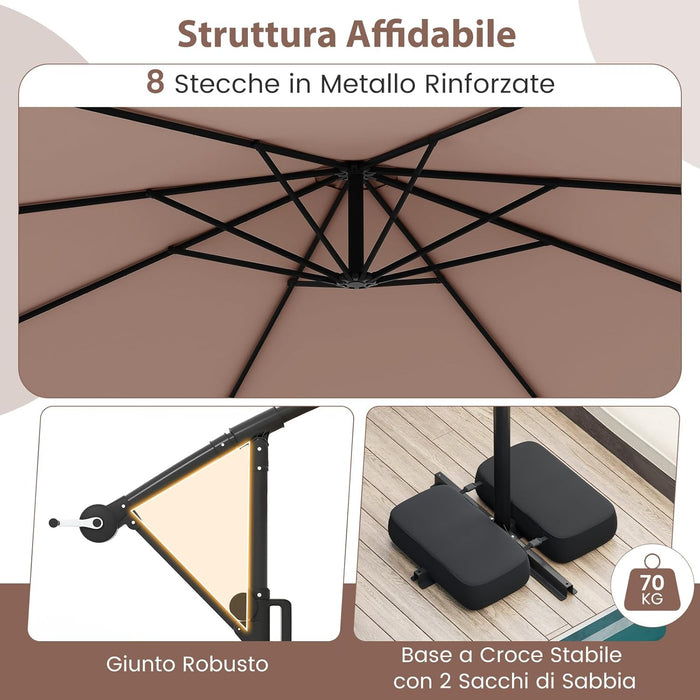 Ombrellone da Giardino 290 cm, con 96 Luci LED, Ombrellone Esterno con Base, Inclinazione Regolabile, Rotazione a 360°, Manovella, Parasole da Giardino (Marrone)