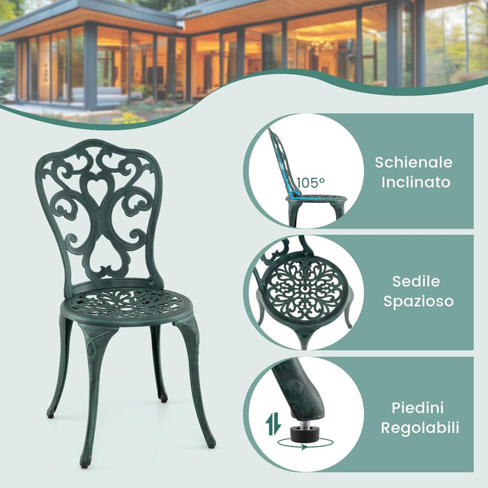 Set da Bistro da Patio a 3 Pezzi, Sedie e Tavolo in Alluminio con Foro per Ombrello, Set da Bistro da Esterno per Veranda, Giardino e Piscina (Verde)