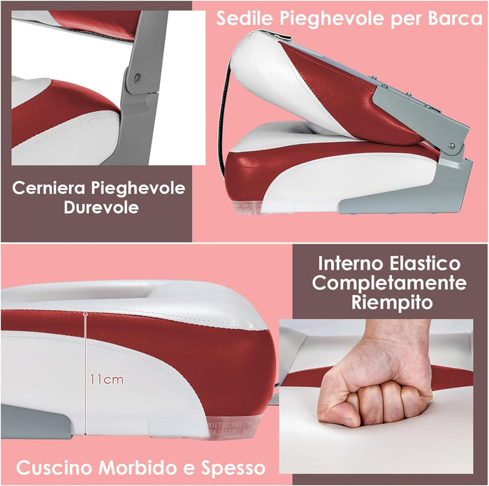 Set di 2 Sedie da Barca, Sedie per Barca Con Schienale Basso, Sedia da Barca Pieghevole, con Schiuma Spessa, Cinghia di Fissaggio, 50 x 42 x 52 cm (Rosso+Bianco)