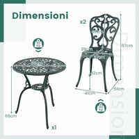 Set da Bistro da Patio a 3 Pezzi, Sedie e Tavolo in Alluminio con Foro per Ombrello, Set da Bistro da Esterno per Veranda, Giardino e Piscina (Verde)