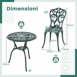 Set da Bistro da Patio a 3 Pezzi, Sedie e Tavolo in Alluminio con Foro per Ombrello, Set da Bistro da Esterno per Veranda, Giardino e Piscina (Verde)