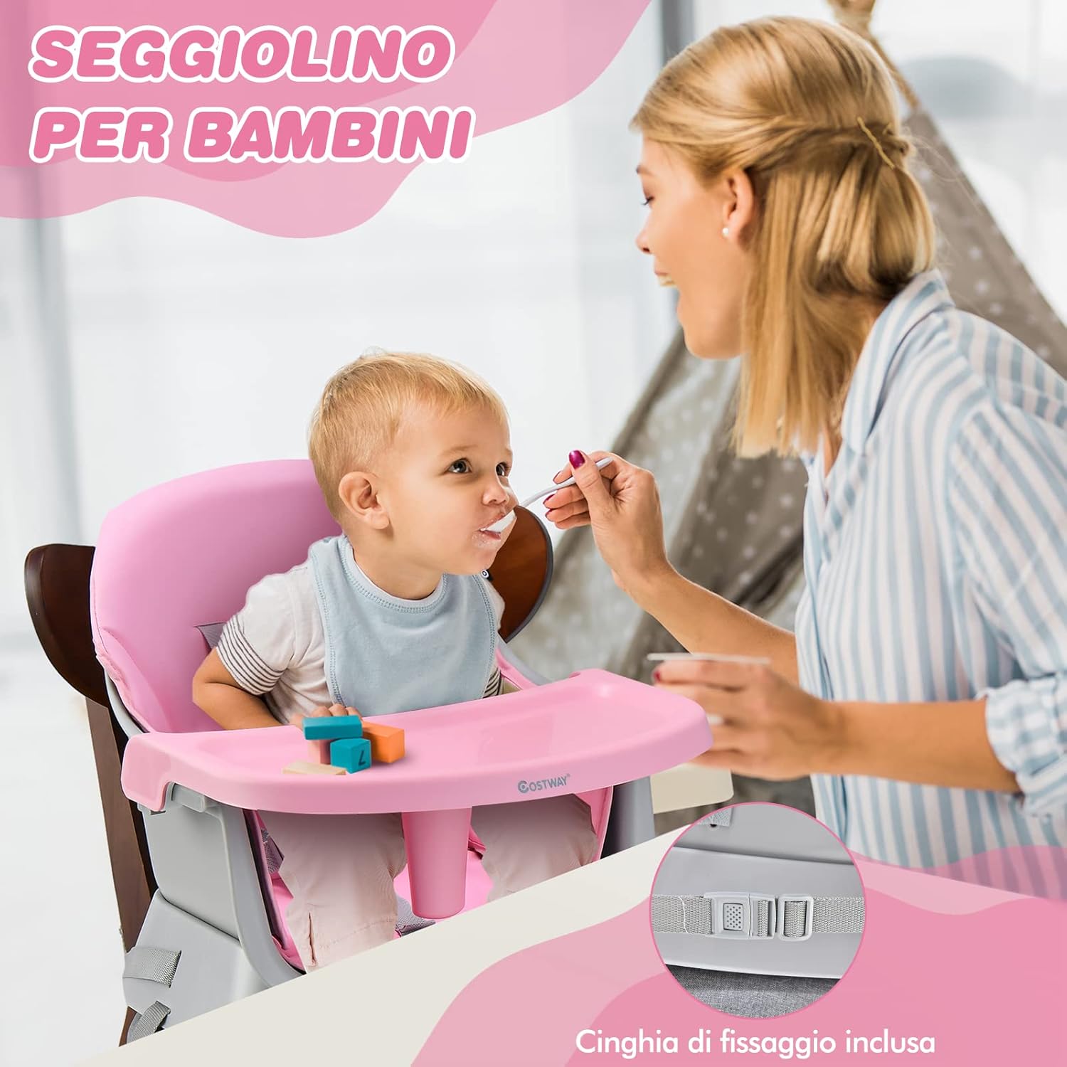 Seggiolone Pappa per Bambini 6 in 1, Seggiolone per Neonati Convertibile, Tavolo per Costruzioni per Bambini, con Imbracatura a 5 Punti, per Bambini da 6 Mesi fino 3 Anni (Rosa)