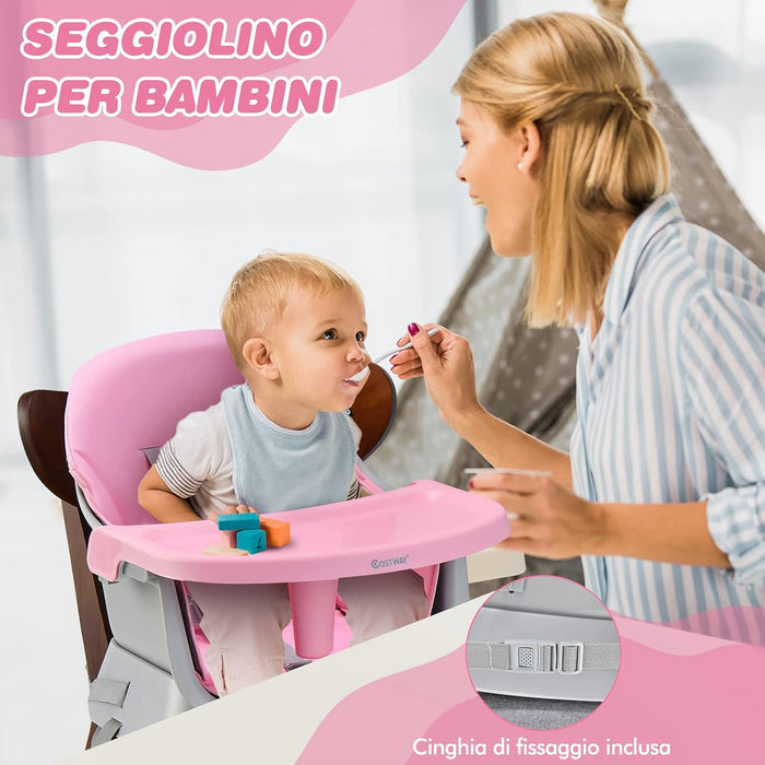 Seggiolone Pappa per Bambini 6 in 1, Seggiolone per Neonati Convertibile, Tavolo per Costruzioni per Bambini, con Imbracatura a 5 Punti, per Bambini da 6 Mesi fino 3 Anni (Rosa)