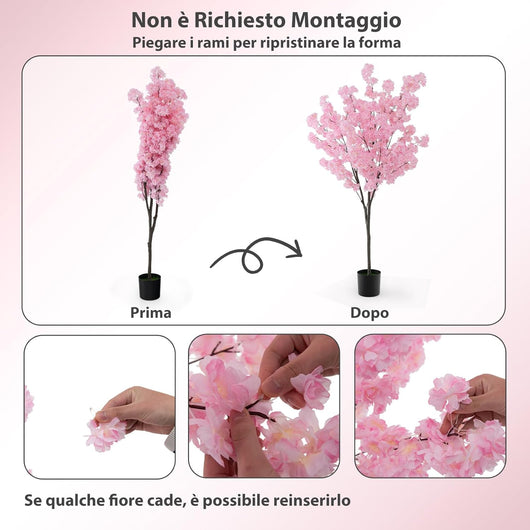 Albero di Finti Fiori di Ciliegio, Albero Artificiale con 900 Fiori Rosa, Tronco in PE Robusto, Base Riempita di Cemento, Pianta Floreale Finta in Vaso per Ufficio e Casa
