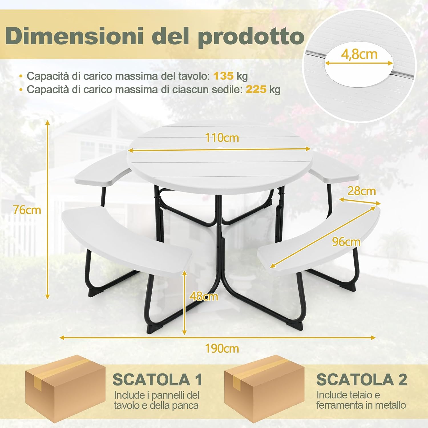 Set Tavolo da Picnic con 8 Posti, Tavolo da Picnic Rotondo con 4 Panche e Foro per Ombrellone, Tavolo da Campeggio Resistente in Metallo, per Giardino, Cortile, Patio (Bianco)