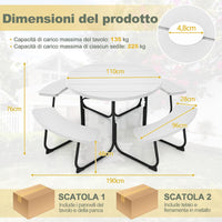Set Tavolo da Picnic con 8 Posti, Tavolo da Picnic Rotondo con 4 Panche e Foro per Ombrellone, Tavolo da Campeggio Resistente in Metallo, per Giardino, Cortile, Patio (Bianco)