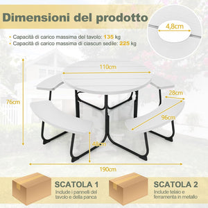 Set Tavolo da Picnic con 8 Posti, Tavolo da Picnic Rotondo con 4 Panche e Foro per Ombrellone, Tavolo da Campeggio Resistente in Metallo, per Giardino, Cortile, Patio (Bianco)