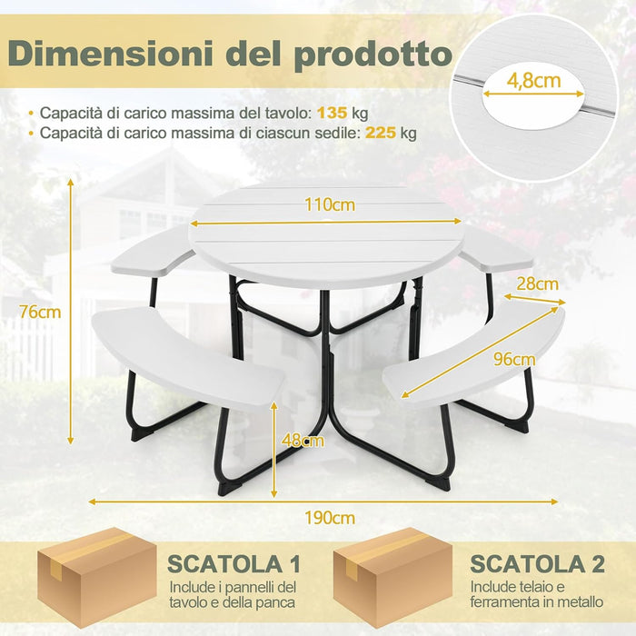 Set Tavolo da Picnic con 8 Posti, Tavolo da Picnic Rotondo con 4 Panche e Foro per Ombrellone, Tavolo da Campeggio Resistente in Metallo, per Giardino, Cortile, Patio (Bianco)