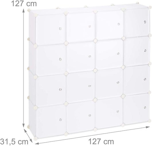 Scaffale portaoggetti con 16 armadietti, ante modulari, montaggio a incastro, libreria in plastica, 127 cm, bianco 13_0001185
