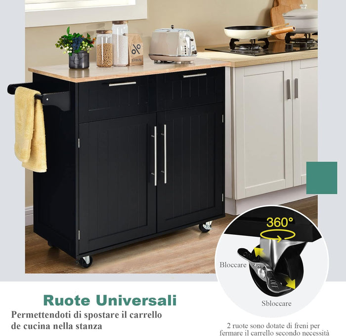 Carrello da Cucina, Isola da Cucina con Cassetti Portaoggetti e Armadietti, Ruote Universali e Portasciugamani, Ideale per Casa Ristorante Bar (Nero)