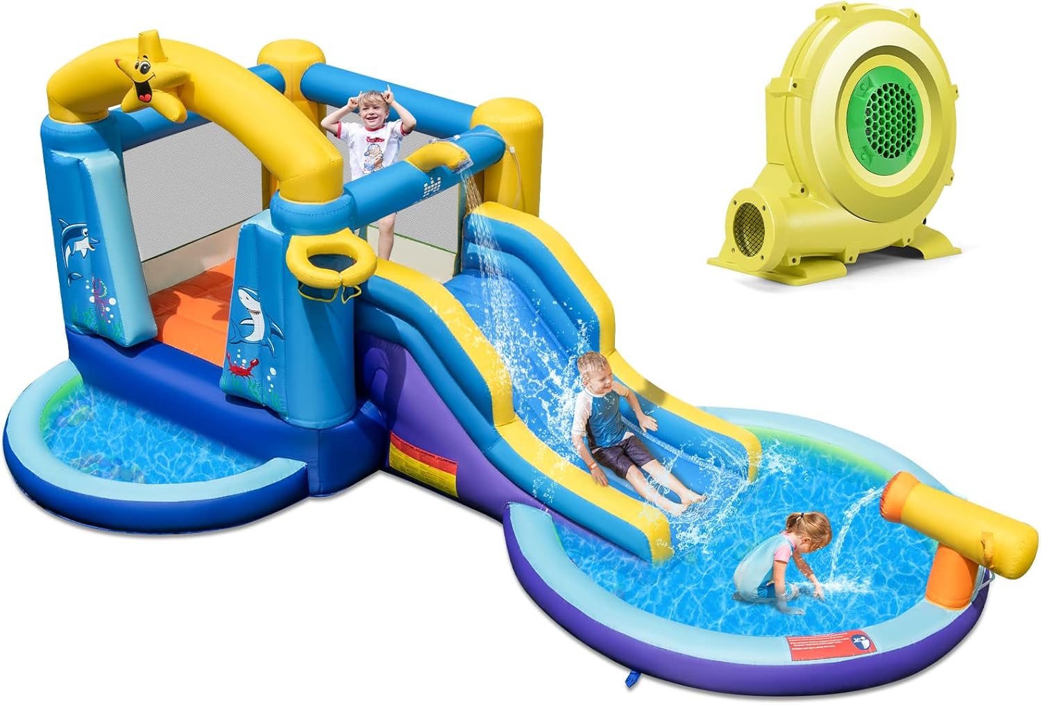 Castello Gonfiabile Oceananico con Soffiatore 680W, Parco Acquatico per Bambini con 2 Piscine e 50 Palline, Scivolo, Trampolino, Canestro da Basket, Cannone ad Acqua, 490x290x220 cm