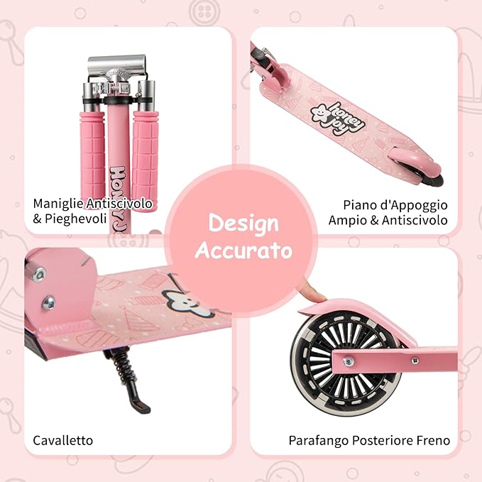 Monopattino per Bambini Pieghevole e Portatile, Monopattino a 2 Ruote con Manubrio Regolabile, Ruote Luminose a LED, Freno Posteriore e Tracolla, Ideale per Bambini e Bambine 3+