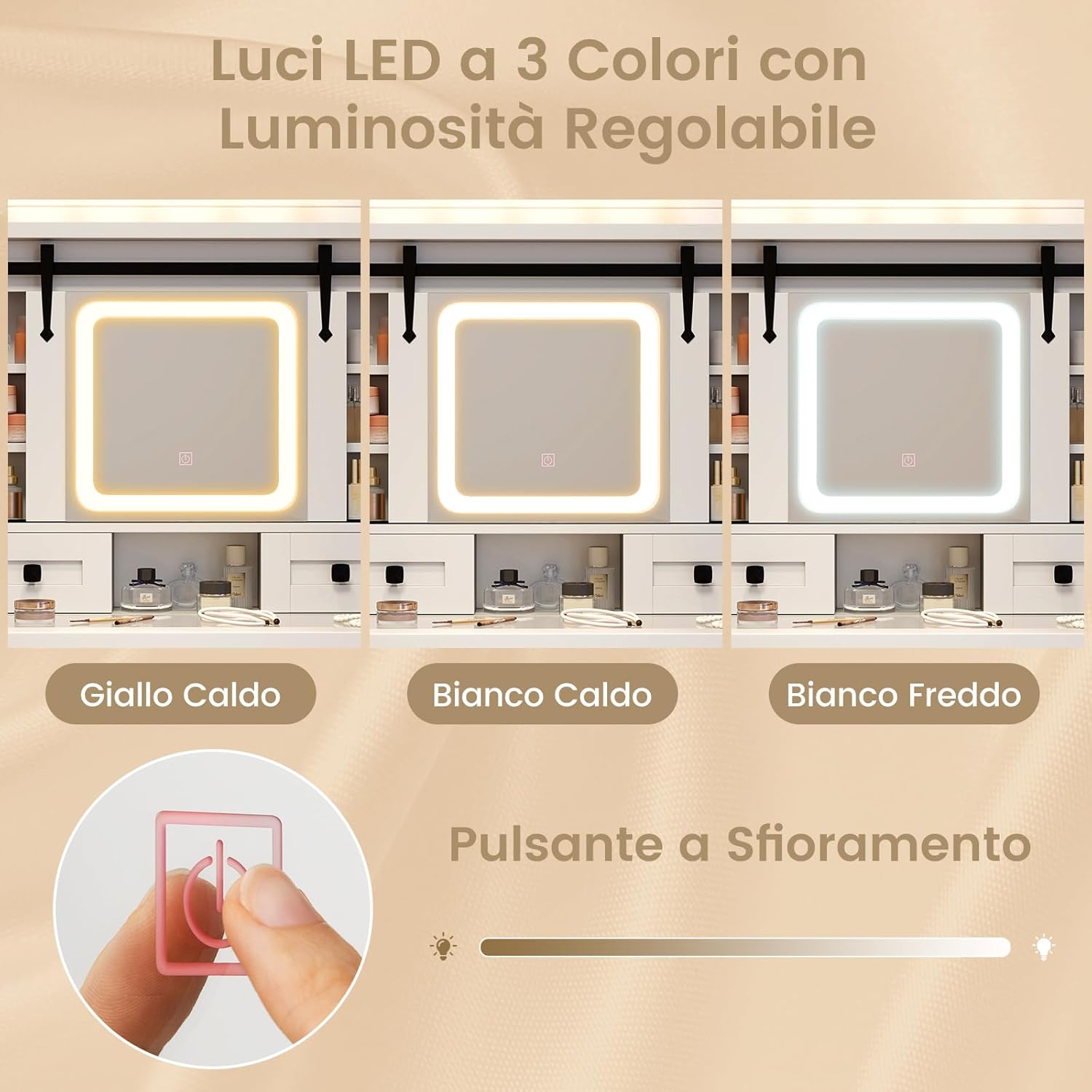 Toeletta da Trucco con Luci LED a 3 Colori Luminosit¨¤ Regolabile, Tavolo da Trucco con Specchio Scorrevole e Piano di Vetro, Postazione Trucco con 4 Cassetti e Ripiani Regolabili, Bianco