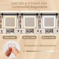 Toeletta da Trucco con Luci LED a 3 Colori Luminosit¨¤ Regolabile, Tavolo da Trucco con Specchio Scorrevole e Piano di Vetro, Postazione Trucco con 4 Cassetti e Ripiani Regolabili, Bianco