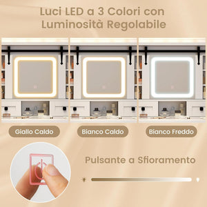 Toeletta da Trucco con Luci LED a 3 Colori Luminosit¨¤ Regolabile, Tavolo da Trucco con Specchio Scorrevole e Piano di Vetro, Postazione Trucco con 4 Cassetti e Ripiani Regolabili, Bianco