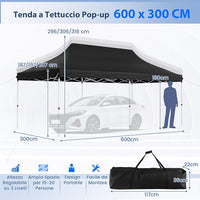 Gazebo Pieghevole da Giardino 3 x 6m, Gazebo Pop-up con Borsa da Trasporto, Regolabile in Altezza, per Feste, Barbecue, Giardino e Spiaggia (Nero)