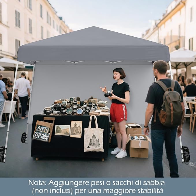 Gazebo Pop-up da Esterno 3 x 3 m, Gezebo Pieghevole con 1 Parete Laterale, Zaino Portatile e 4 Picchetti, Tendone Impermeabile e Resistente per Campeggio e Feste (Grigio)