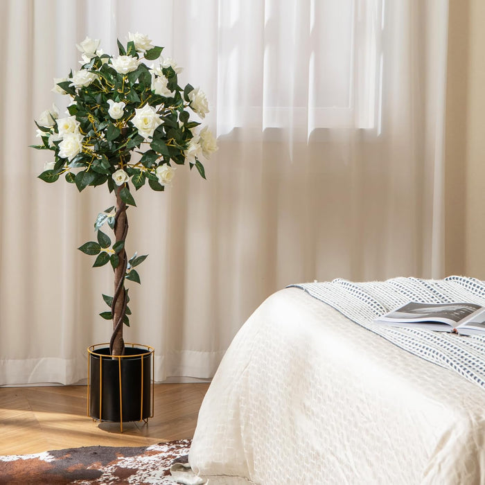 Pianta Floreale Finta 120 CM, Albero di Fiori Artificiali con Rose Bianche, Vaso da Vivaio, Pianta in Vaso da Interno per Decorazione Interna per Ufficio e Casa