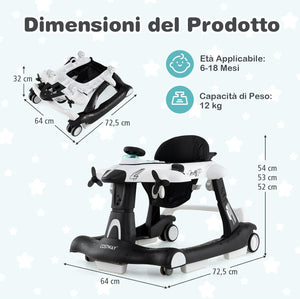 6 in 1 Girello per Bambini, Girello Pieghevole con Altezza Regolabile a 3 Livelli, Scatola Musicale Rimovibile, Vassoio per Alimenti, Portata 12 kg, per Bambini di 6-18 Mesi (Bianco)