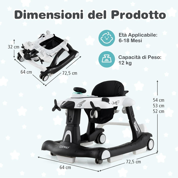 6 in 1 Girello per Bambini, Girello Pieghevole con Altezza Regolabile a 3 Livelli, Scatola Musicale Rimovibile, Vassoio per Alimenti, Portata 12 kg, per Bambini di 6-18 Mesi (Bianco)