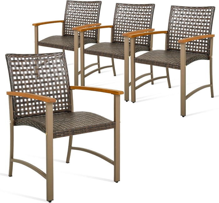 Set di 4 Sedie da Giardino in Rattan, Sedie da Pranzoper Patio con Braccioli in Legno di Acacia, Telaio in Metallo, Poltrone Giardino per Balcone, Portico, Piscina, Portata 180 kg