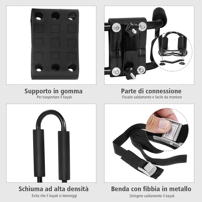 4 Pezzi Supporto da Portapacchi per Auto Porta Kayak per Tetto dell'Auto a Forma U con 4 Cinghie Incluse