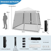 Gazebo Pieghevole da Giardino 3 x 3 M, Impermeabile, Altezza Regolabile, Gazebo da Esterno con Rete, per Spiaggia, Campeggio, Patio, Mercato, Bianco