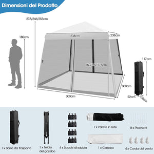 Gazebo Pieghevole da Giardino 3 x 3 M, Impermeabile, Altezza Regolabile, Gazebo da Esterno con Rete, per Spiaggia, Campeggio, Patio, Mercato, Bianco